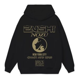 Black streetwear hoodie featuring a Japanese Zushi chef graphic with bold typography and avant-garde urban design.