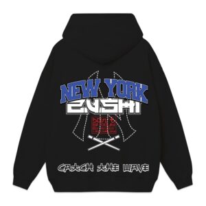 Black hoodie with bold “New York Zushi” graphic, Japanese typography, and crossed chopsticks streetwear back design.