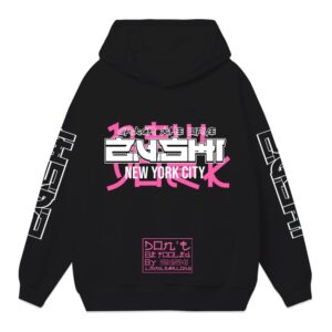 Black Japanese streetwear hoodie with bold pink and white “New York City” graphic design on the front.