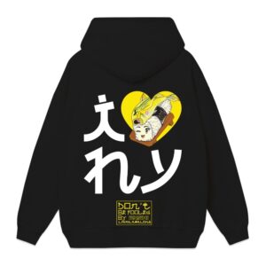 Black Japanese streetwear hoodie with yellow heart sushi character graphic and bold Japanese text.