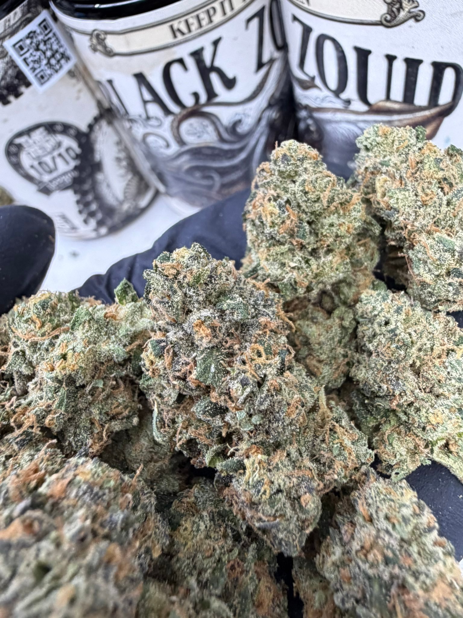 Premium Black Squid by THE TENCO cannabis buds with heavy trichome coverage and orange pistils – Black Zquid strain