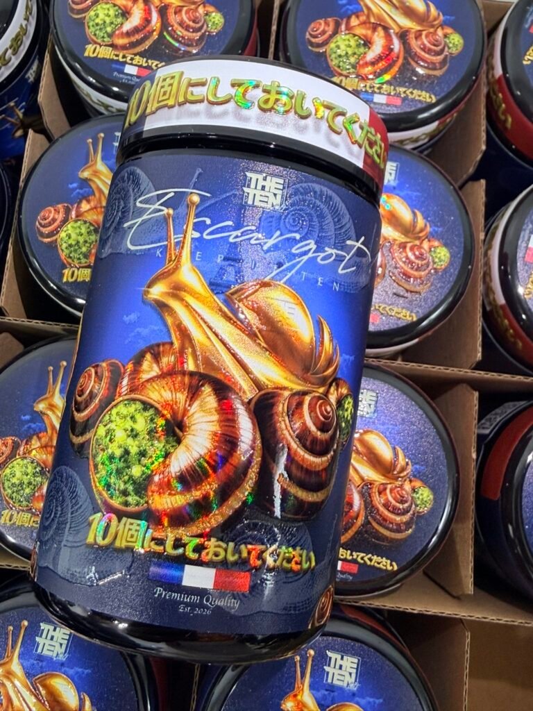 ESCARGOT by THE TENCO premium cannabis jar with holographic golden snail and frosty green bud on deep blue background – luxury California hybrid packaging