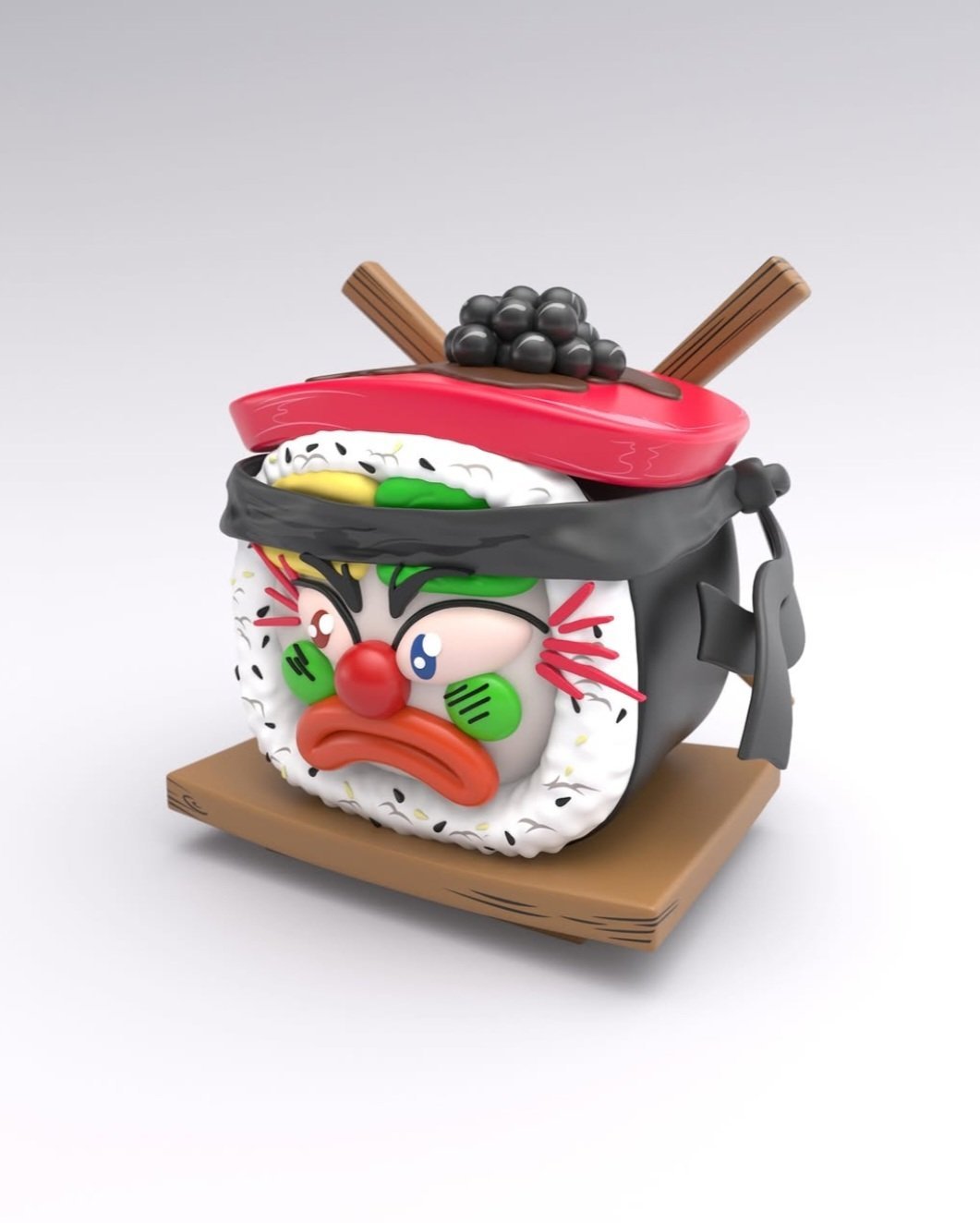 Angled view ZUSHI SLAWN vinyl art figure collectible toy showing side profile black elements and wooden base THE TENCO