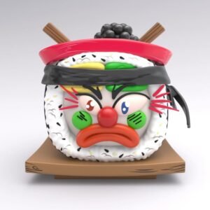 ZUSHI SLAWN vinyl art figure fierce sushi character with black accents red headband and angry expression on wooden base by THE TENCO