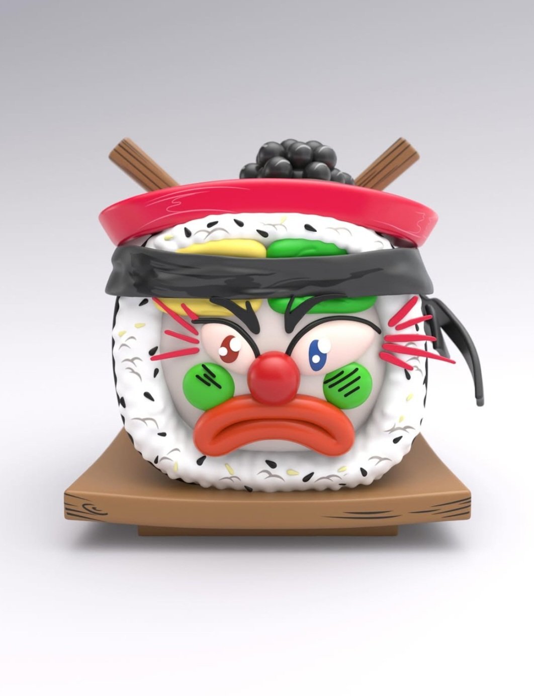 ZUSHI SLAWN vinyl art figure fierce sushi character with black accents red headband and angry expression on wooden base by THE TENCO
