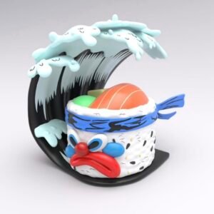 Close-up angle of ZUSHI x SLAWN Blue Zushi vinyl figure showing detailed face, blue bandana and sushi elements THE TENCO limited toy