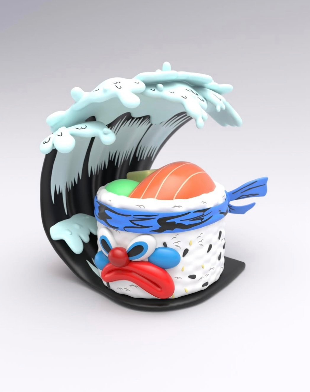 Close-up angle of ZUSHI x SLAWN Blue Zushi vinyl figure showing detailed face, blue bandana and sushi elements THE TENCO limited toy