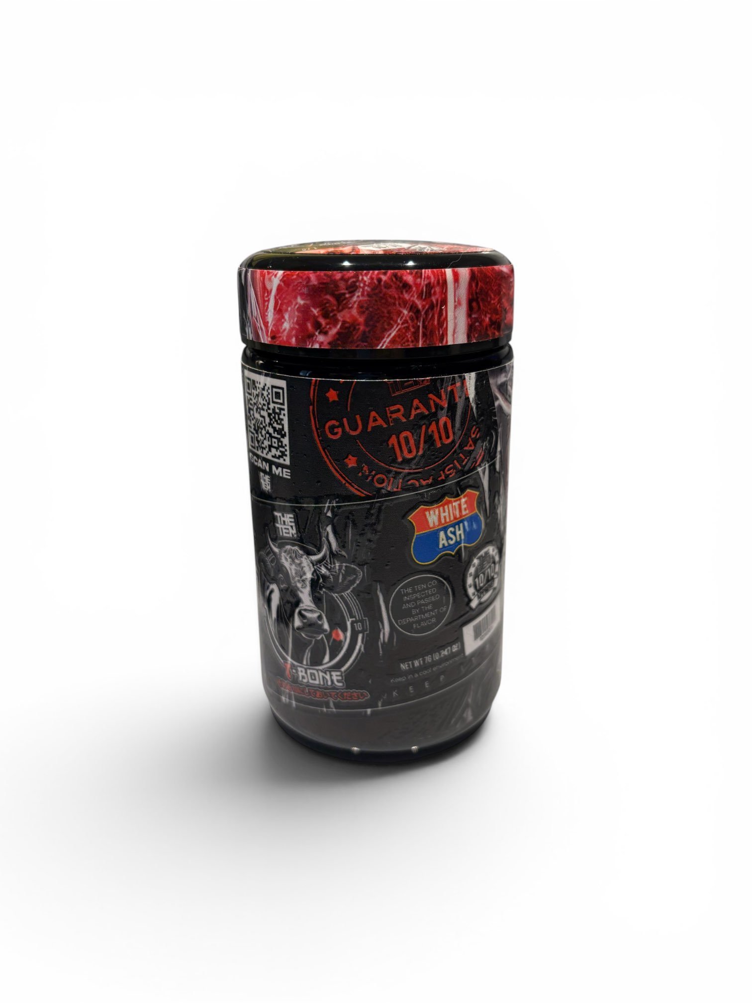 T-BONE by THE TENCO premium cannabis jar with red marble lid and white ash 10/10 guarantee