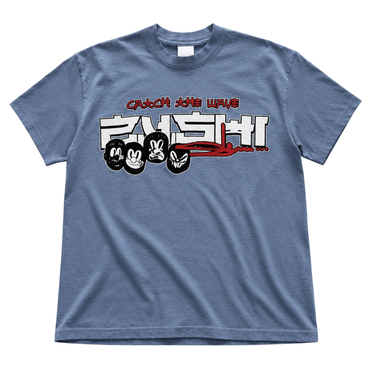Zushi x Slawn T-shirt by THE TENCO front view with CATCH THE WAVE design and Slawn Friends characters