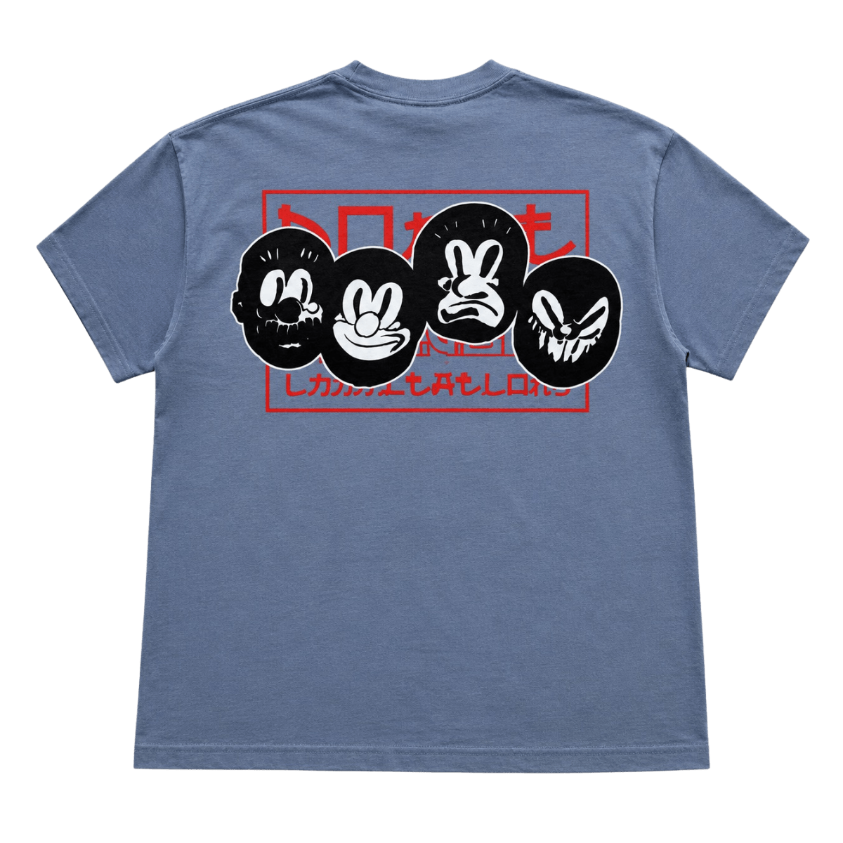 Back of Zushi x Slawn T-shirt by THE TENCO showing four Slawn Friends characters in red frame with Japanese text