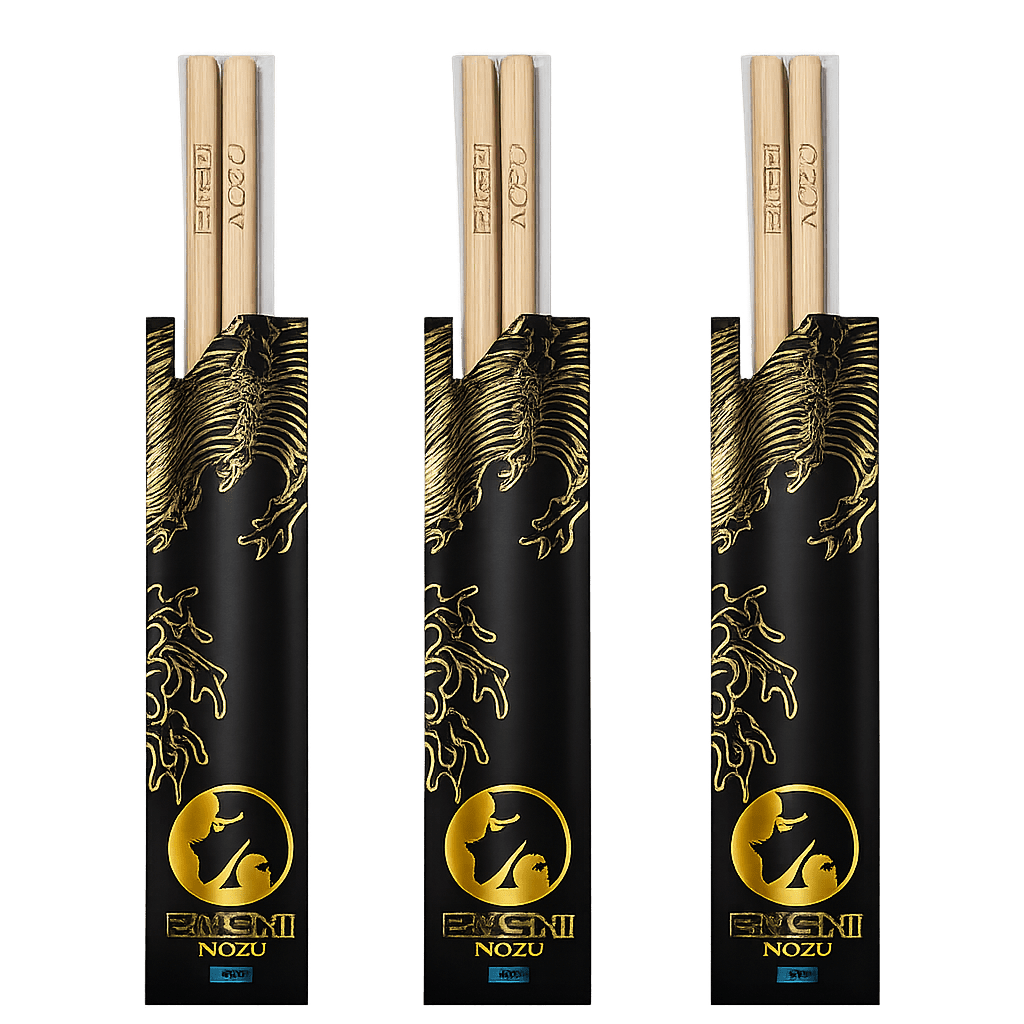 Nozu Zushi Chopsticks Set with gold dragon sleeve and engraved wood by THE TENCO