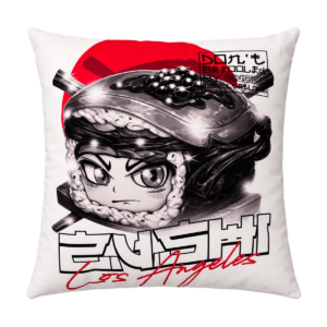 Zushi Pillow white with Zalympix 2026 Blue Zushi anime character art, red sun, and Los Angeles text by THE TENCO