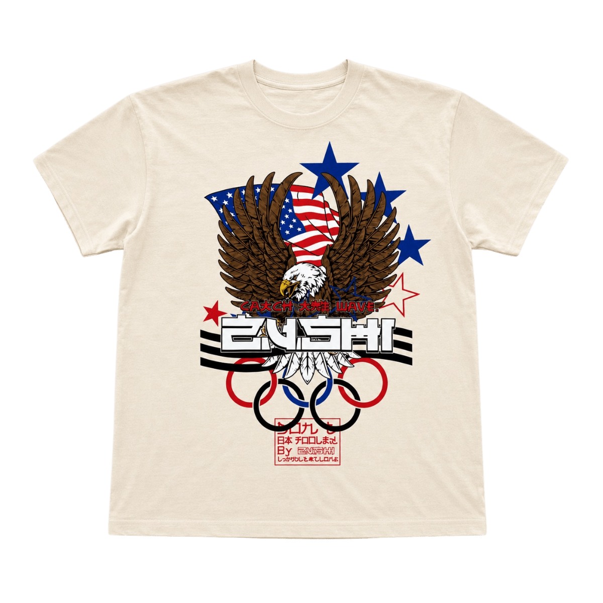 Zushi USA T-shirt by THE TENCO back view with bold USA lettering and Zushi wave graphic on premium cotton