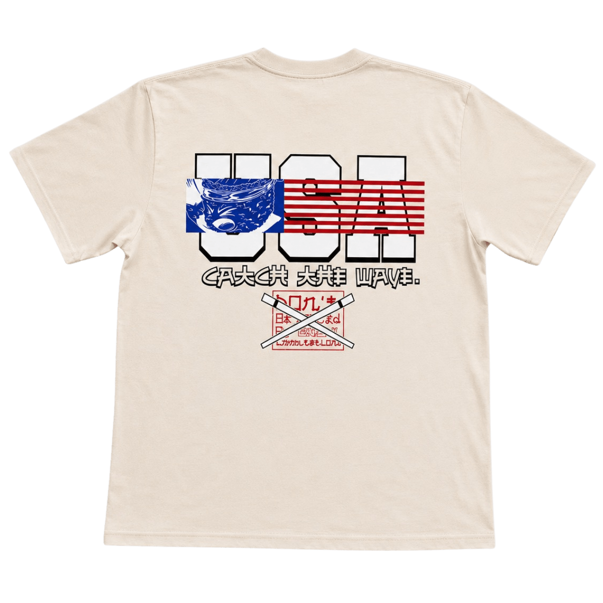 Zushi USA T-shirt by THE TENCO front view with majestic eagle graphic and bold ZUSHI lettering on premium beige cotton