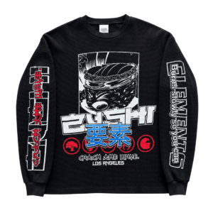 Black Zushi Thermal front view with ZUSHI graphic, blue elements text, and sleeve branding by THE TENCO