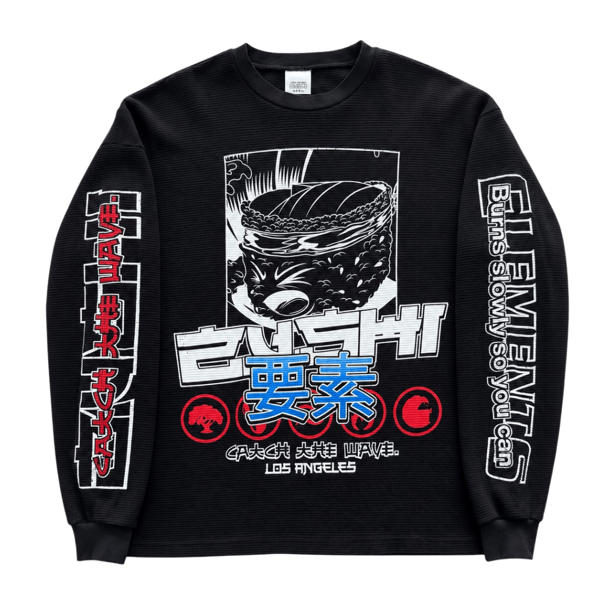 Black Zushi Thermal front view with ZUSHI graphic, blue elements text, and sleeve branding by THE TENCO