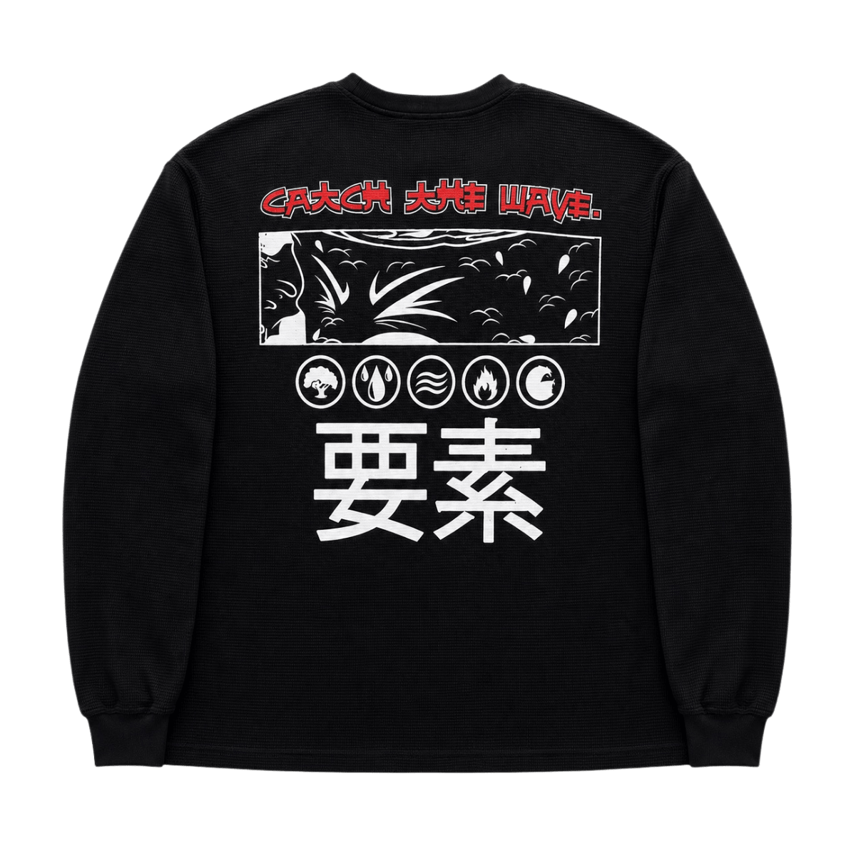 Black Zushi Thermal back view with Catch The Wave design and element icons by THE TENCO