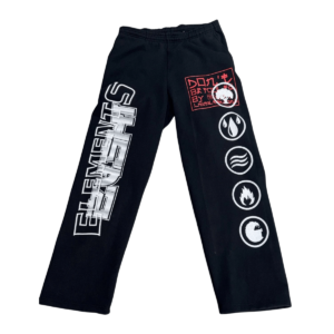 Zushi Elements Sweatpants in navy with large ELEMENTS lettering and elemental symbols on the leg by THE TENCO