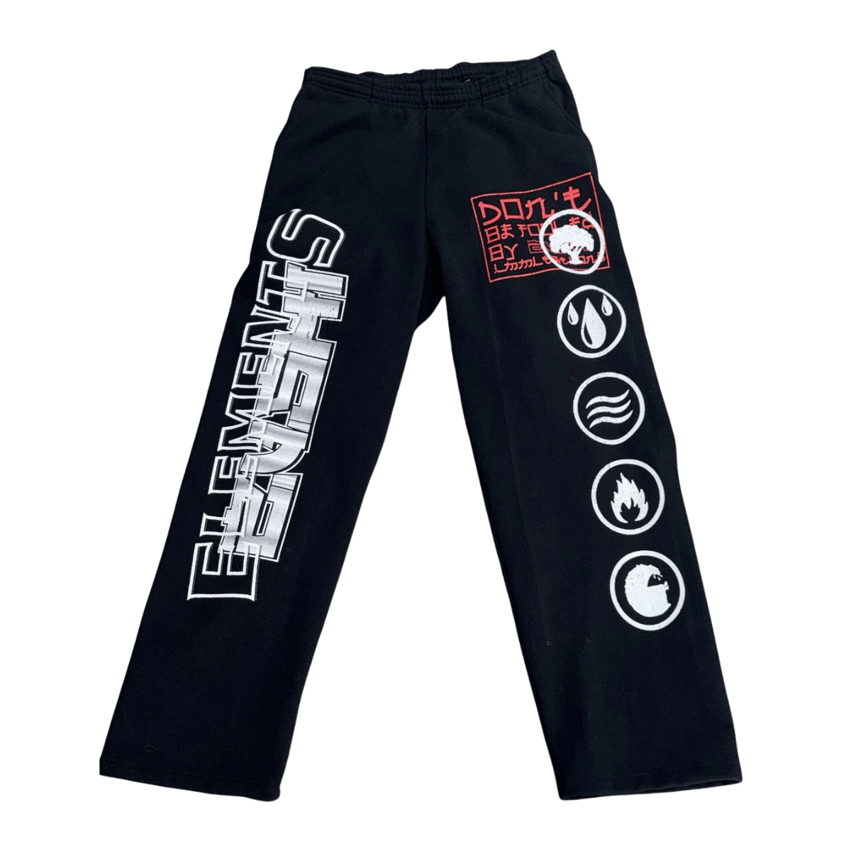 Zushi Elements Sweatpants in navy with large ELEMENTS lettering and elemental symbols on the leg by THE TENCO