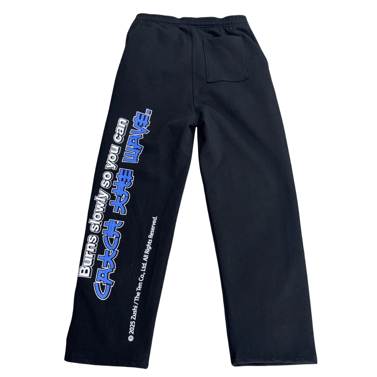 Zushi Elements Sweatpants in deep navy showing the bold Catch the Wave graphic on the leg by THE TENCO