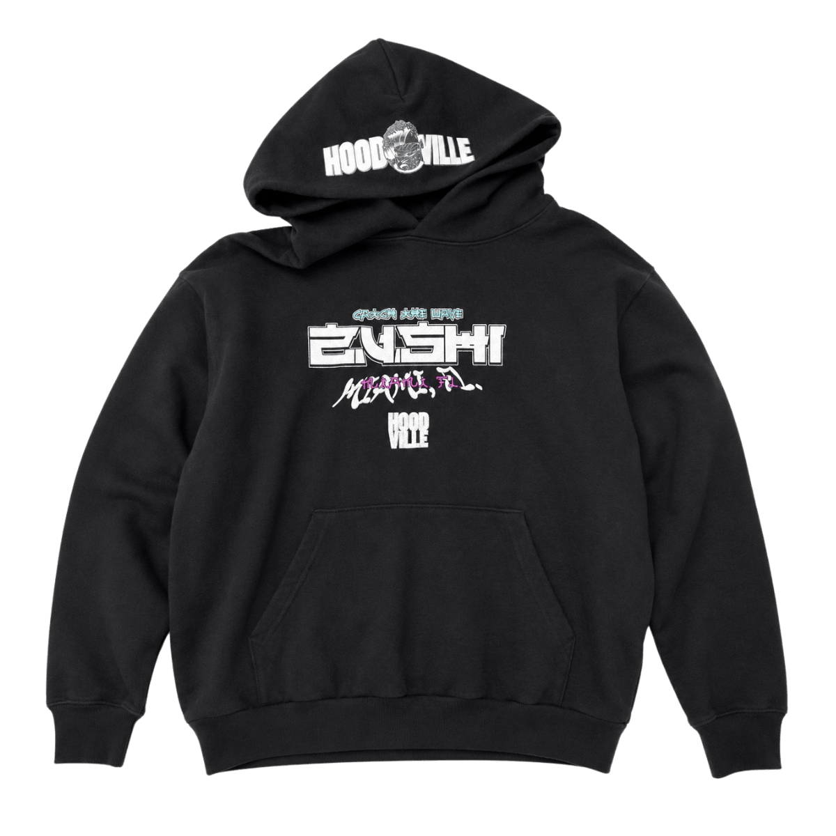Zushi Hoodville Miami Hoodie front view with HOODVILLE logo and bold ZUSHI chest print