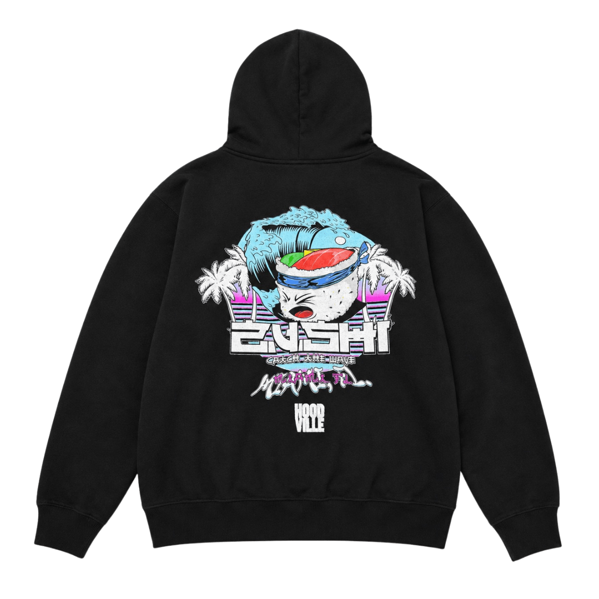 Zushi Hoodville Miami Hoodie back view with large Crack the Wave wave graphic and palm trees