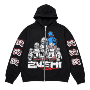 Front view of Zushi Slawn Hoodie showing bold cartoon characters, catch the wave text and large ZUSHI logo on black zip up hoodie