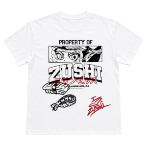 Zushi Skyline T-Shirt front view with Property of Zushi anime eyes and sushi graphics