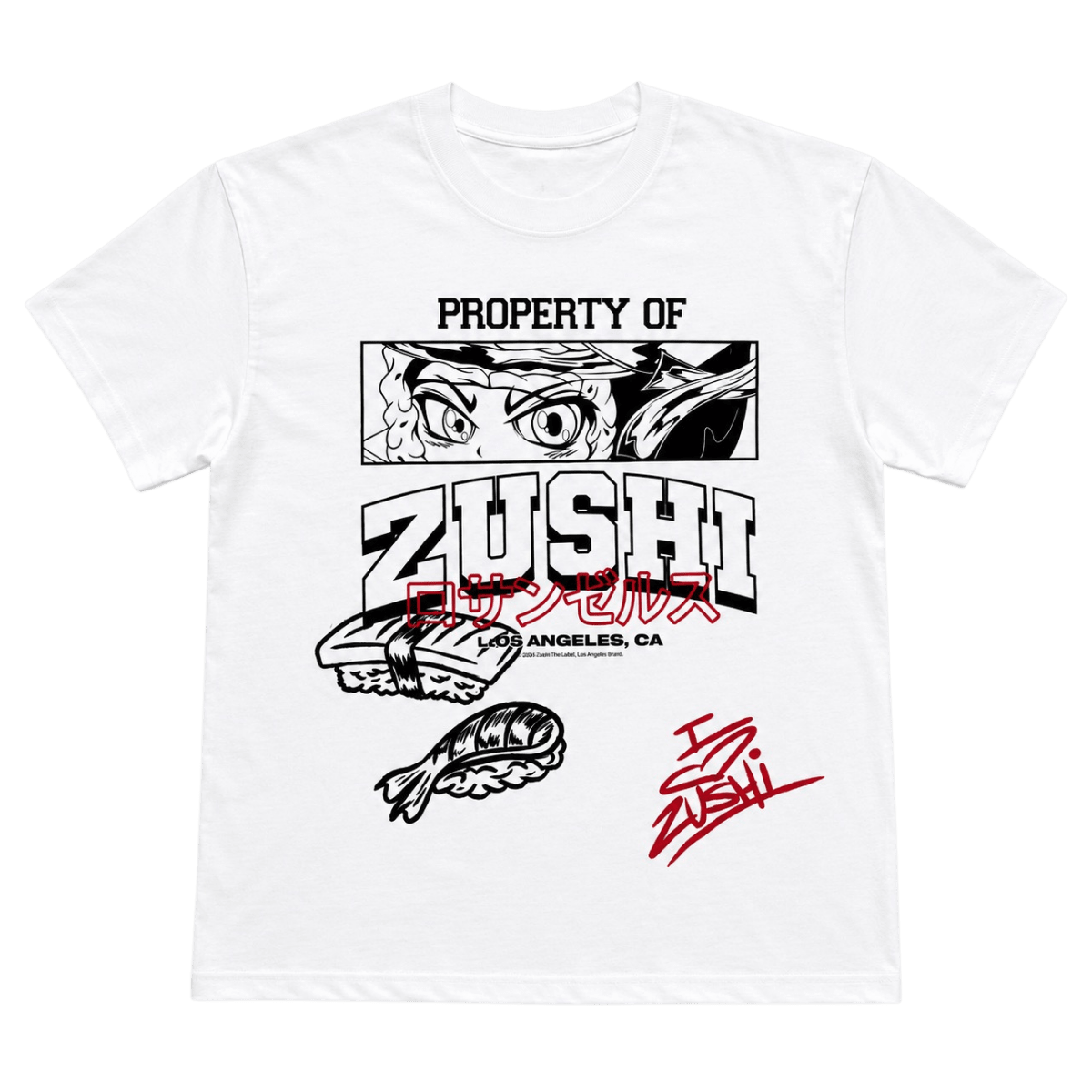 Zushi Skyline T-Shirt front view with Property of Zushi anime eyes and sushi graphics