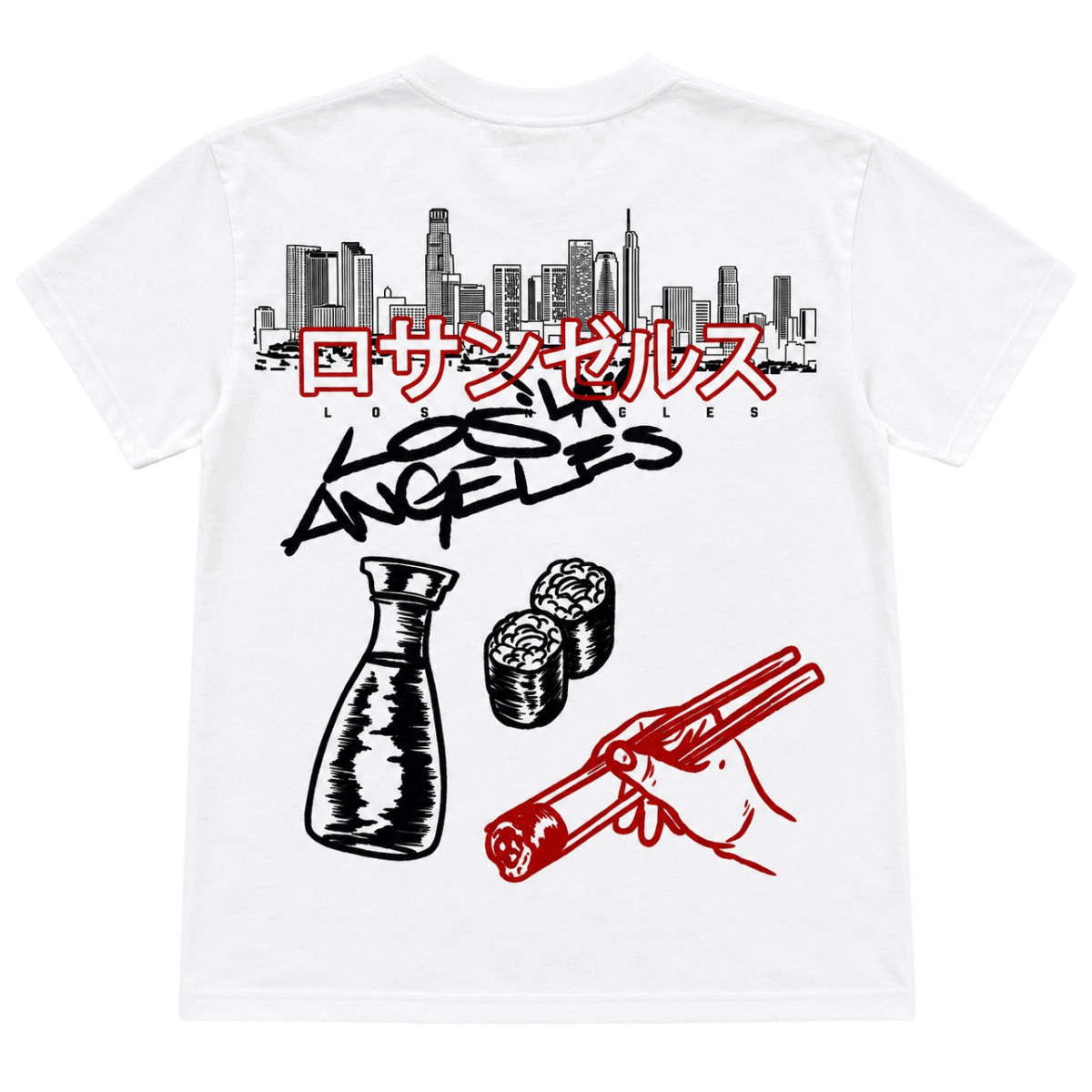 Zushi Skyline T-Shirt back with Los Angeles skyline, sushi, and chopsticks holding joint detail