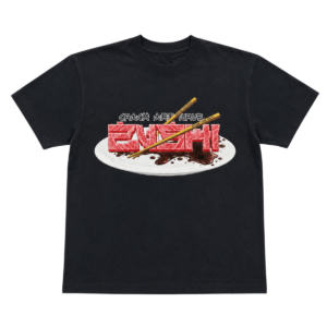 Zushi Menu T-shirts front with bold ZUSHI plate and chopsticks graphic design