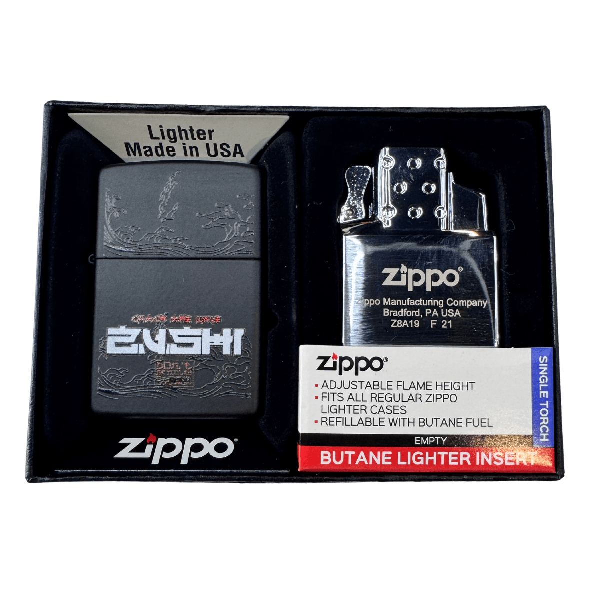 Black Zushi Zippo Lighter with Butane Torch Insert complete gift set by THE TENCO