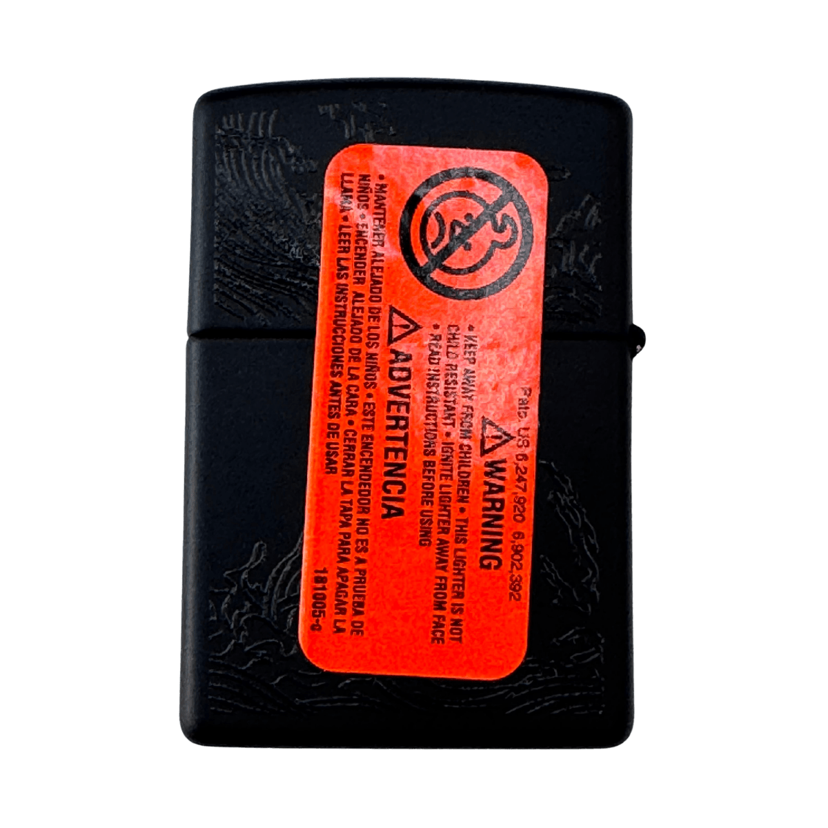 Back of Black Zushi Zippo lighter showing official multi-language warning and safety sticker