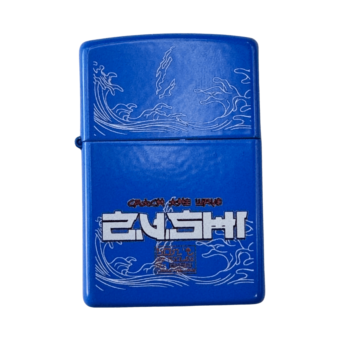 Blue Zushi Lighter front view with custom wave engravings and bold ZUSHI logo by THE TENCO