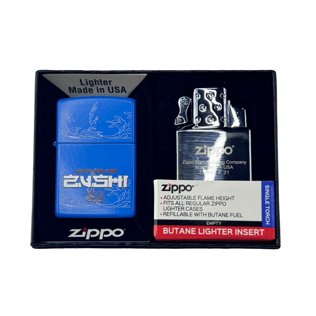 Blue Zushi Lighter in premium box with chrome butane torch insert by THE TENCO x Zippo