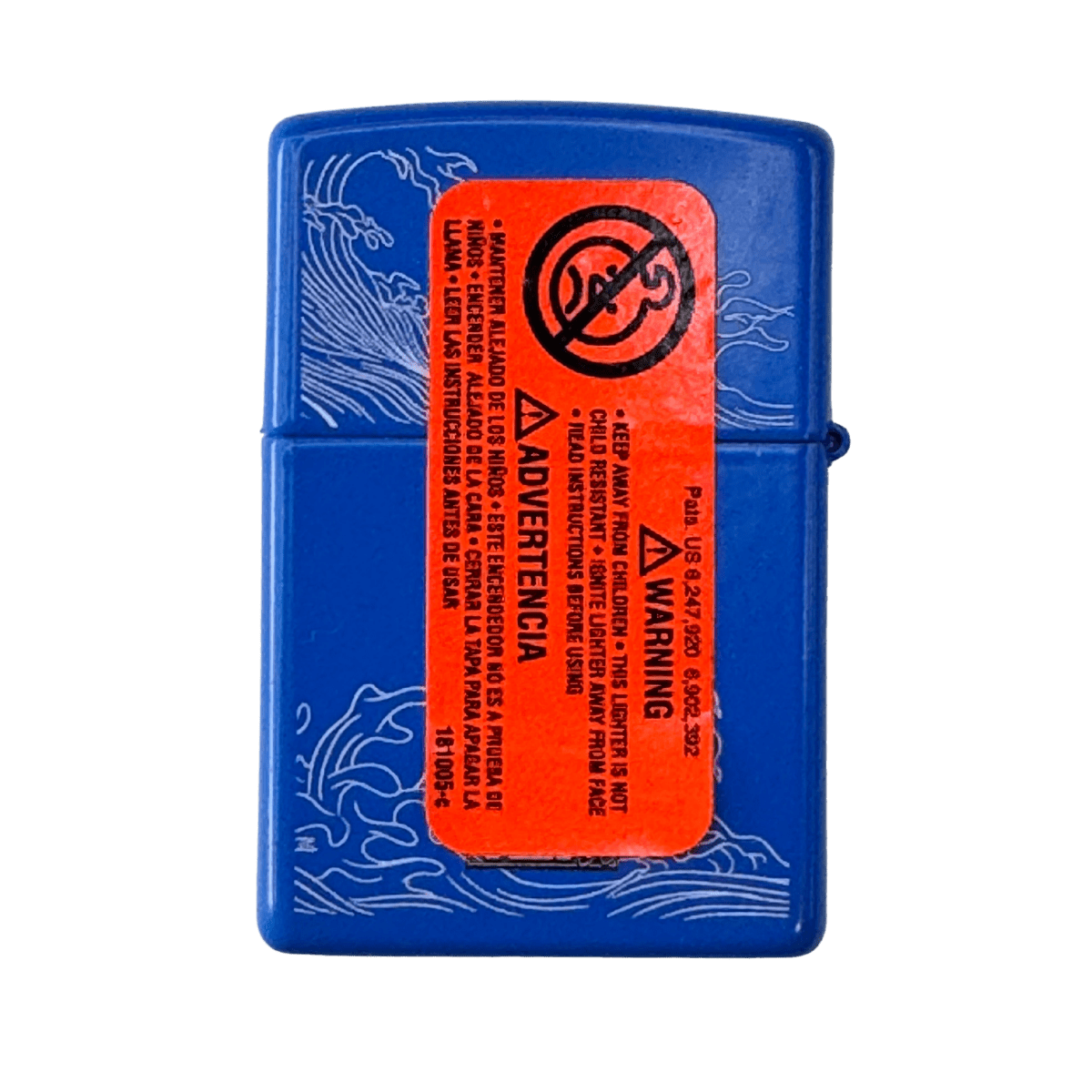 Back of Blue Zushi Lighter with official multilingual safety warning sticker