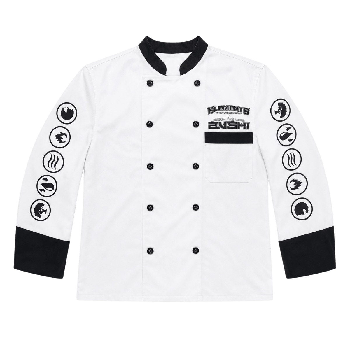 Front view of Zushi Elements Shirt showing chest branding, elemental sleeve icons, and black contrast details