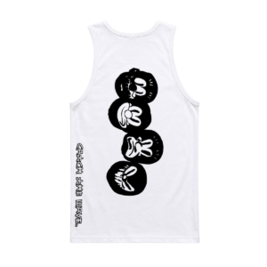 Zushi Slawn Tank Top back view showing exclusive stacked Slawn character graphic and vertical ZUSHI x SLAWN WAVE text on premium white cotton