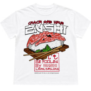 Zushi Rolling Loud T-shirt front view with sushi nigiri graphic and bold Zushi logo