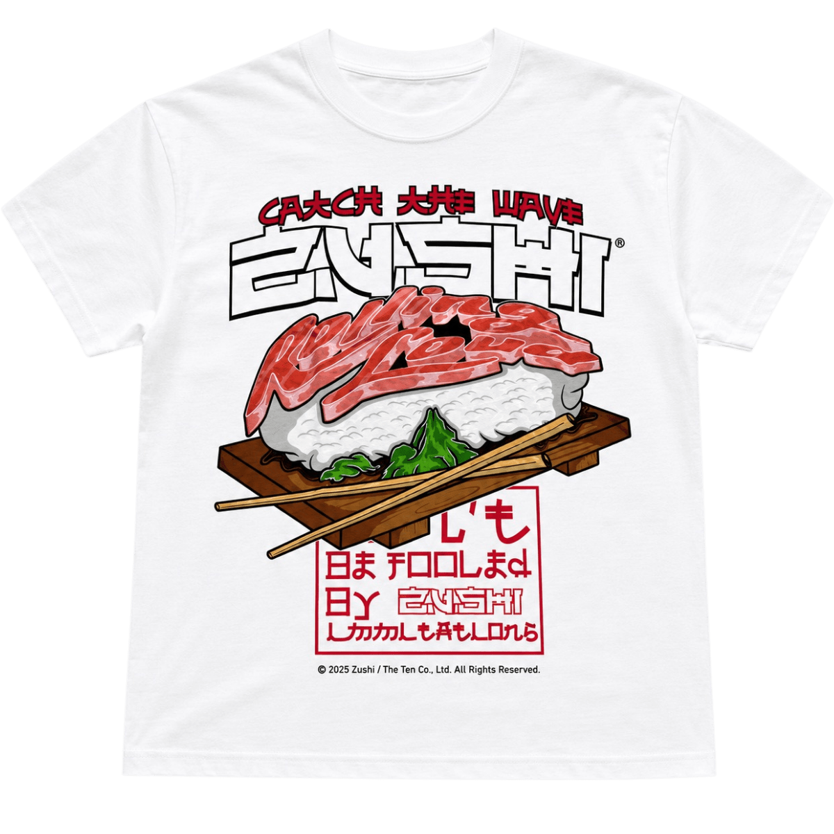 Zushi Rolling Loud T-shirt front view with sushi nigiri graphic and bold Zushi logo