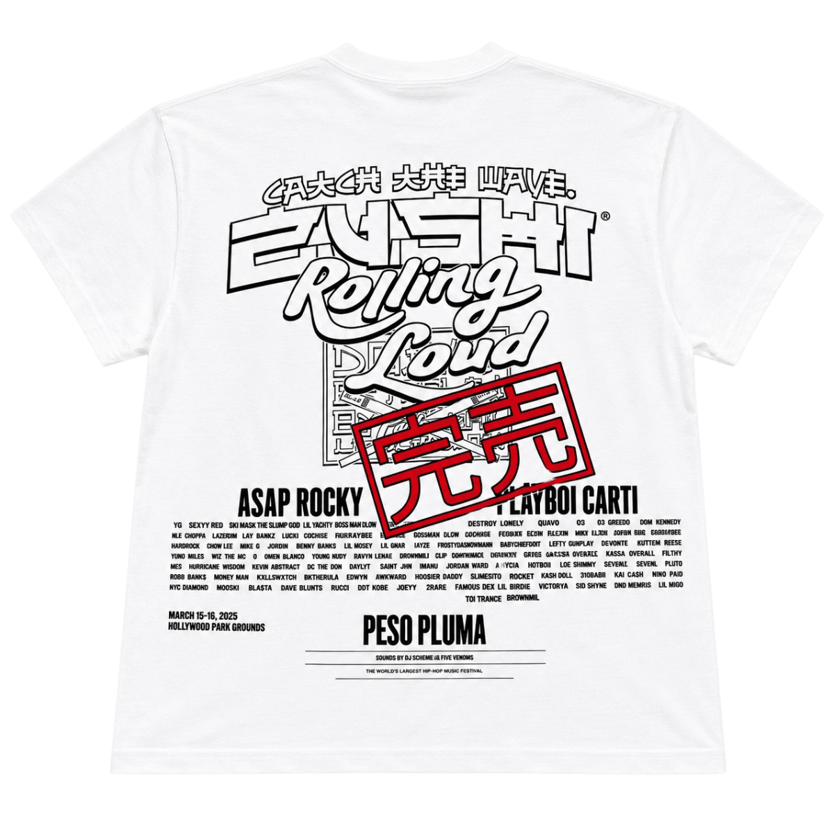 Zushi Rolling Loud T-shirt back with full 2025 artist lineup and sold out stamp