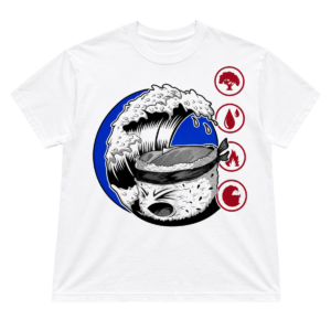Zushi Catch the Wave T-shirt front with sushi wave design and element icons