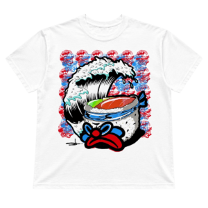 Zushi x Slawn T-shirt front view with vibrant Catch the Wave sushi wave graphic and mascot character