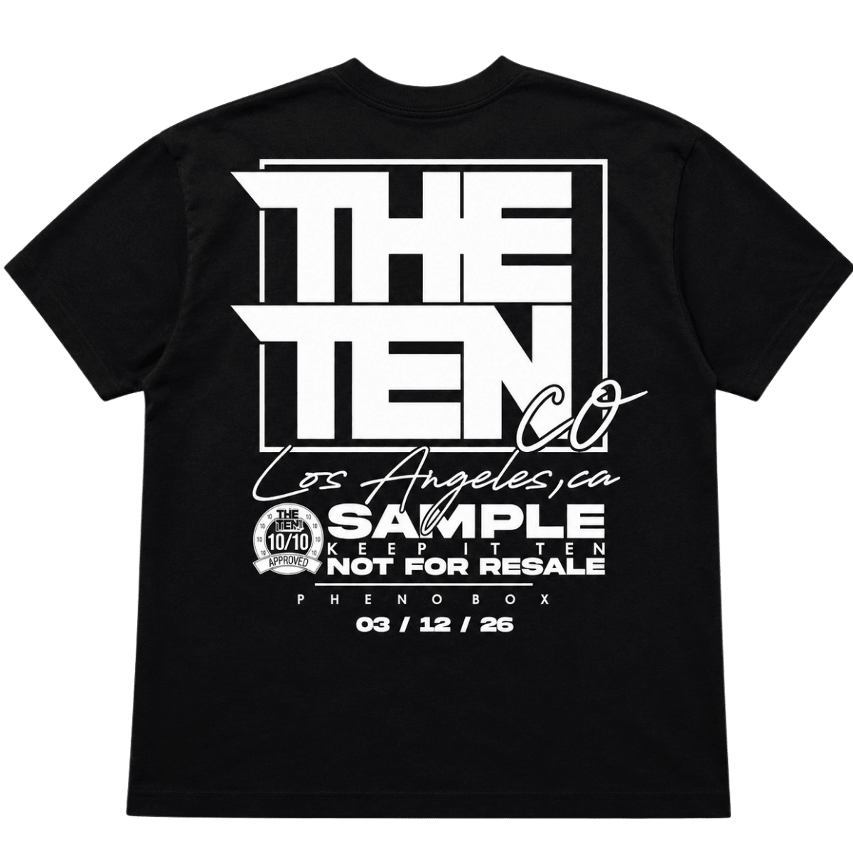 Back of Zushi Pheno Hunt T-Shirt showing THE TEN CO logo, Pheno Box details and sample branding
