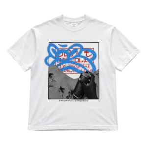 Zushi x Slawn Tee front view with blue spray paint graffiti and Japanese typography artwork