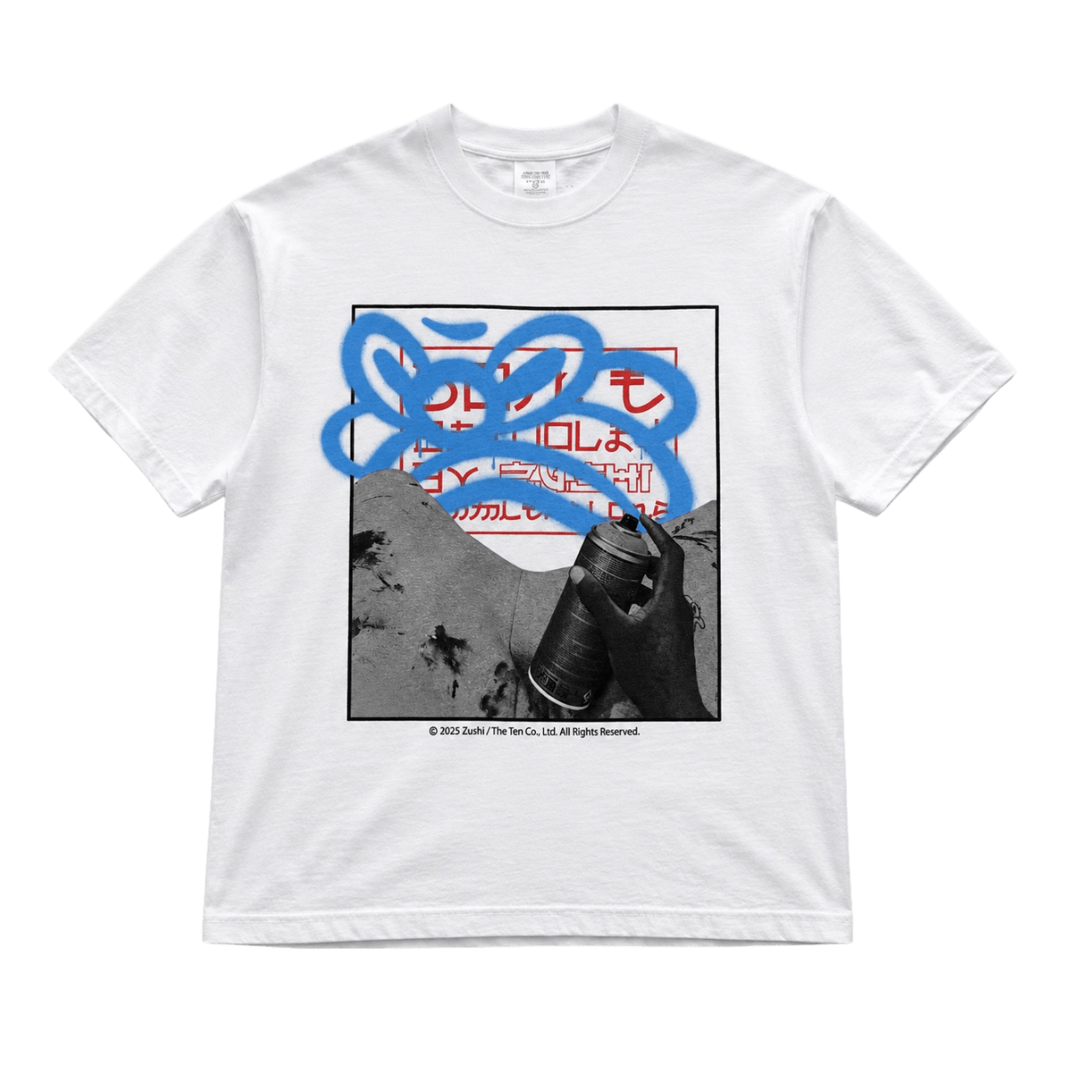 Zushi x Slawn Tee front view with blue spray paint graffiti and Japanese typography artwork
