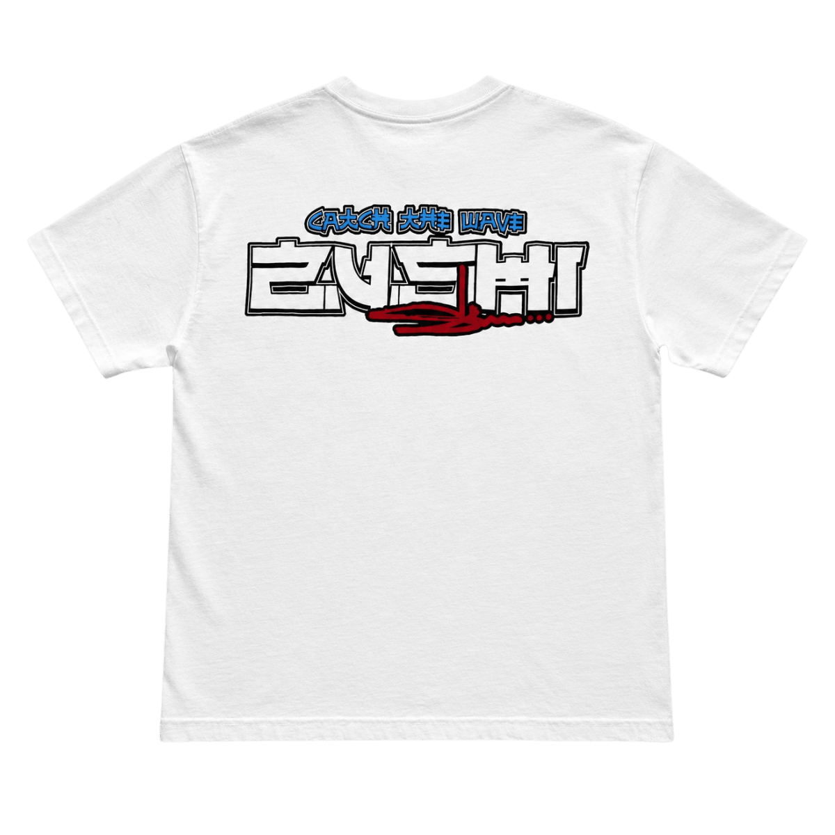 Zushi x Slawn Tee back with Catch the Wave slogan and iconic red drip ZUSHI logo