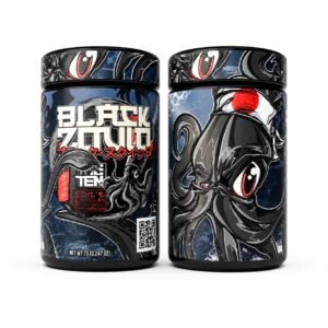 Black Zquid by THE TENCO premium cannabis flower jars with custom squid branding Close-up of Black Zquid by THE TENCO