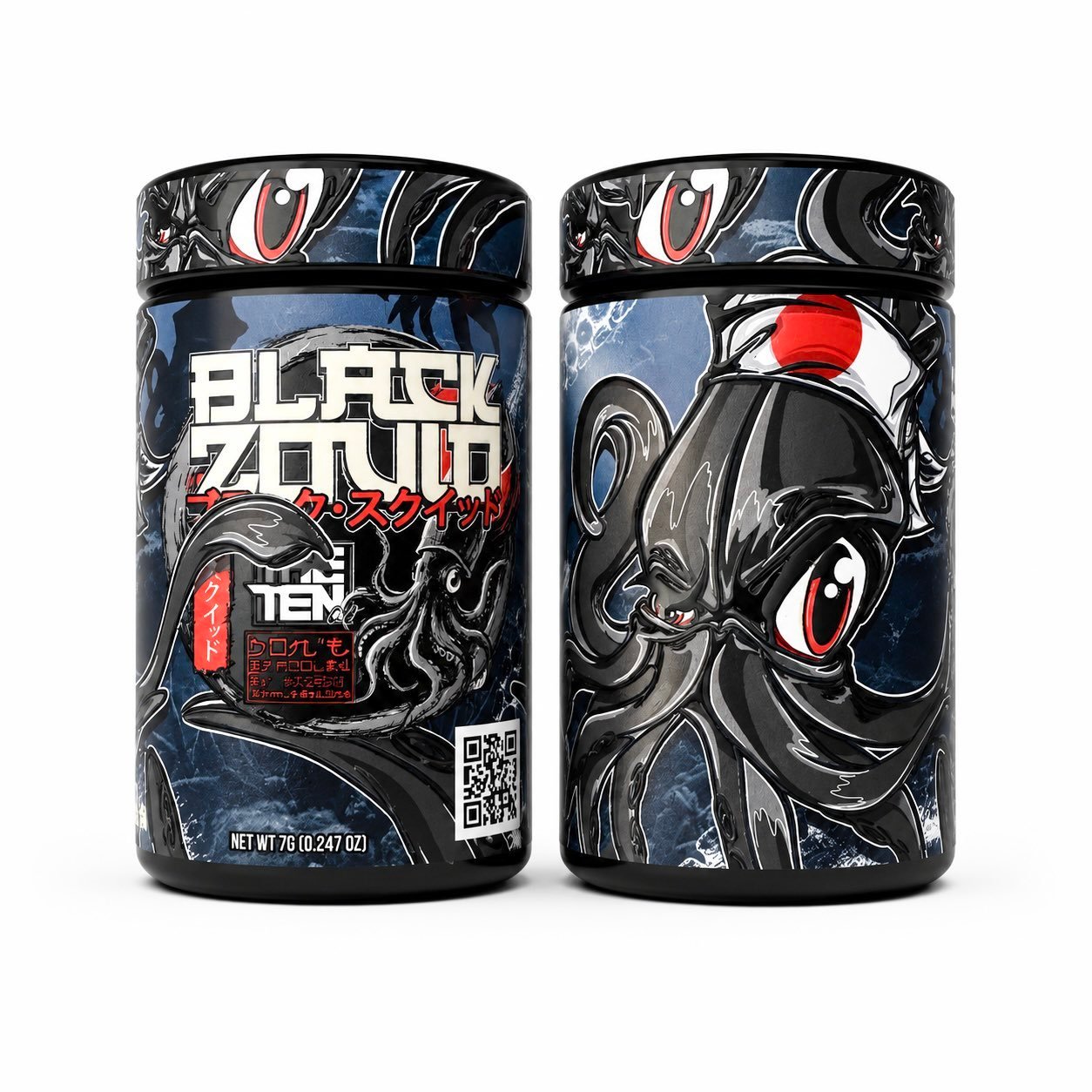 Black Zquid by THE TENCO premium cannabis flower jars with custom squid branding Close-up of Black Zquid by THE TENCO