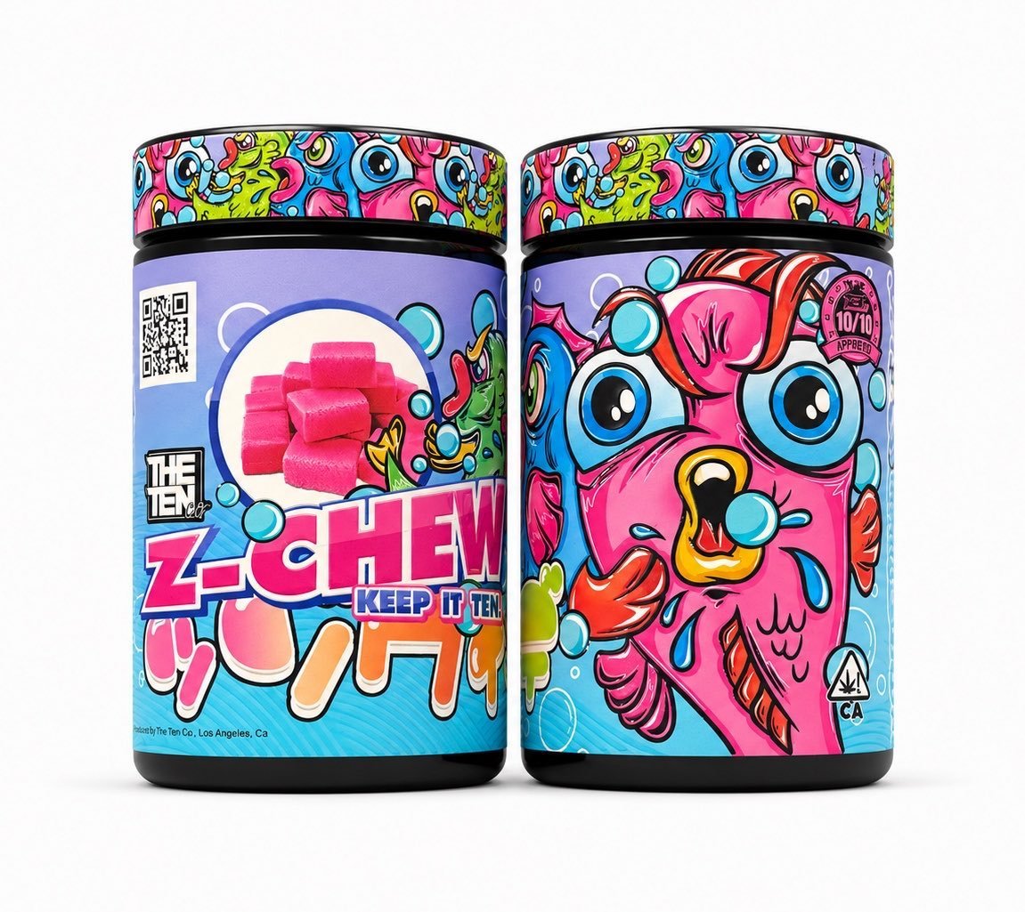 Z-CHEW by THE TENCO premium cannabis flower packaging in colorful jars